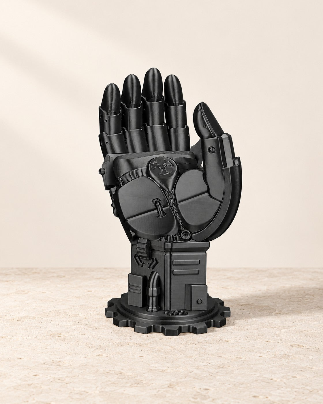 Robot Hand Controller Stand on a pale limestone plinth, soft studio light