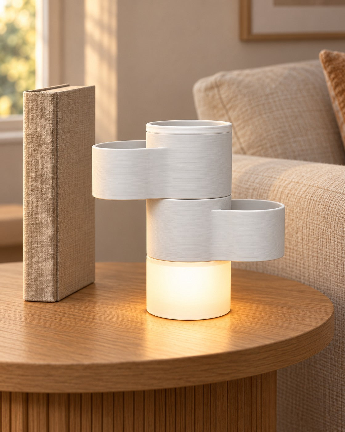 Living Stack Lamp in a calm, softly lit interior, shown at true scale