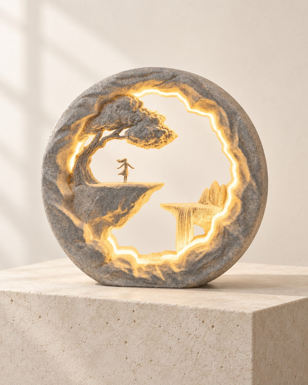 The Dreamer Lamp: A marble-effect lamp of a lone figure at the edge of a cliff