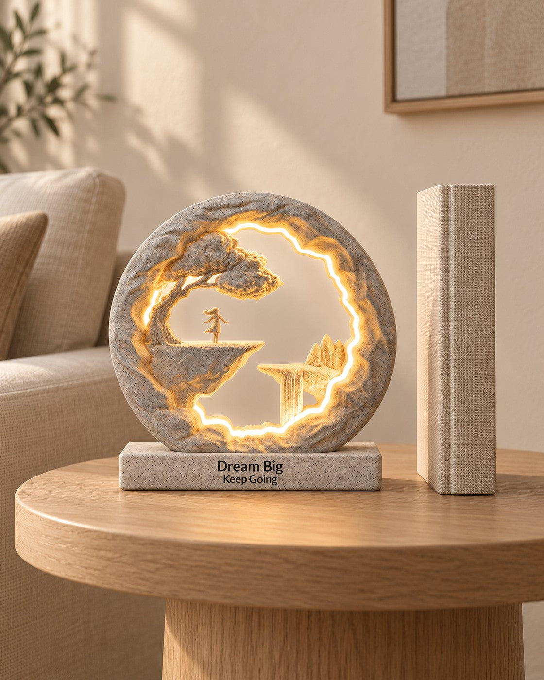 The Dreamer Lamp, Personalised in a calm, softly lit interior, shown at true scale