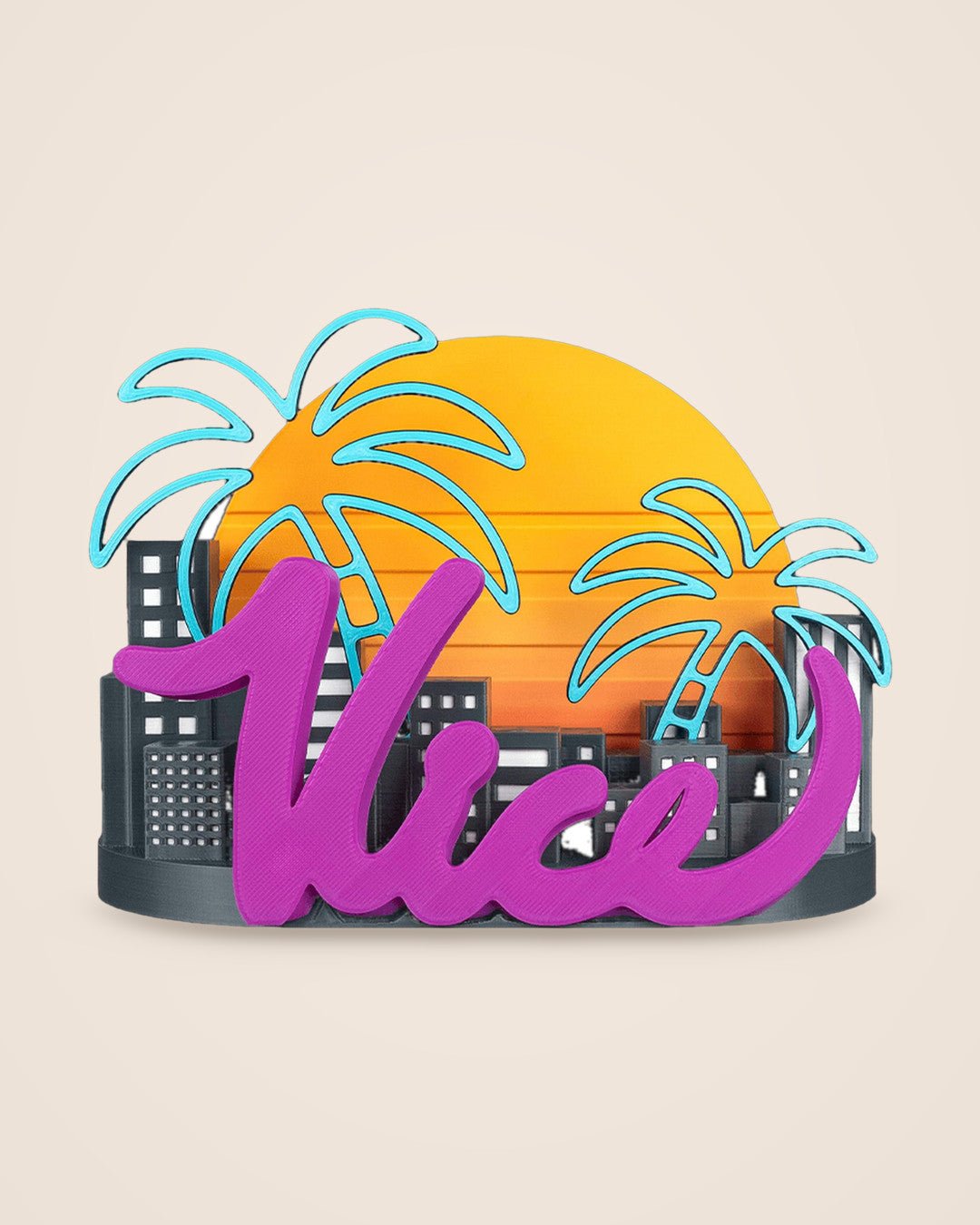 Retro Cityscape Console Stand: A freestanding vertical stand with a layered neon skyline