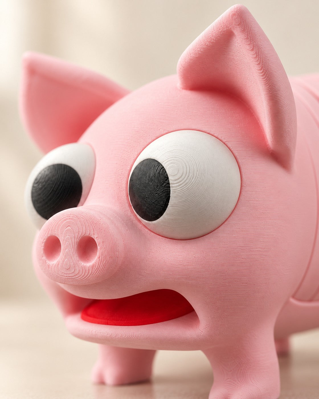 Close-up of the Pork Chop Coaster Pig showing fine printed layer lines