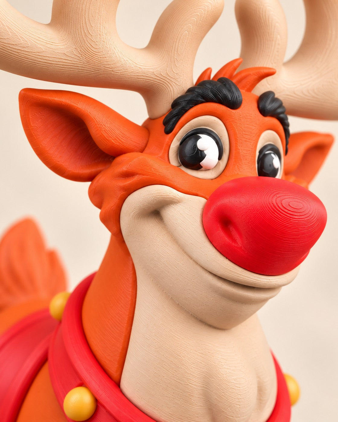 Close-up of the Red Nose Reindeer showing fine printed layer lines