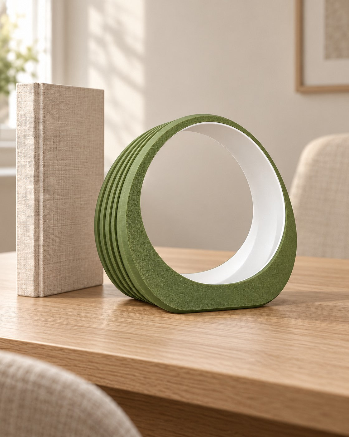 Ring Headphone Stand in a calm, softly lit interior, shown at true scale