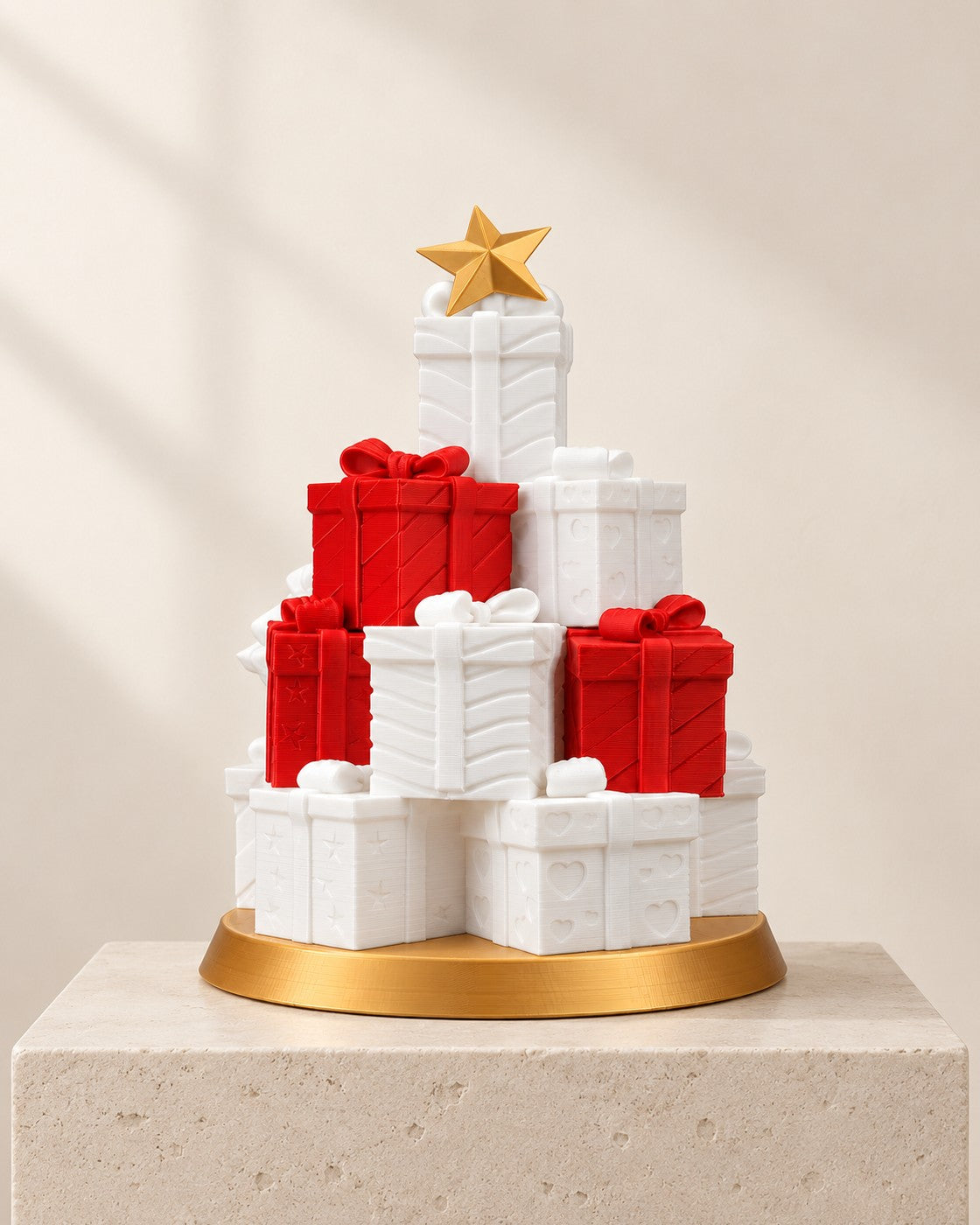 Stacked Gifts Lamp on a pale limestone plinth, soft studio light