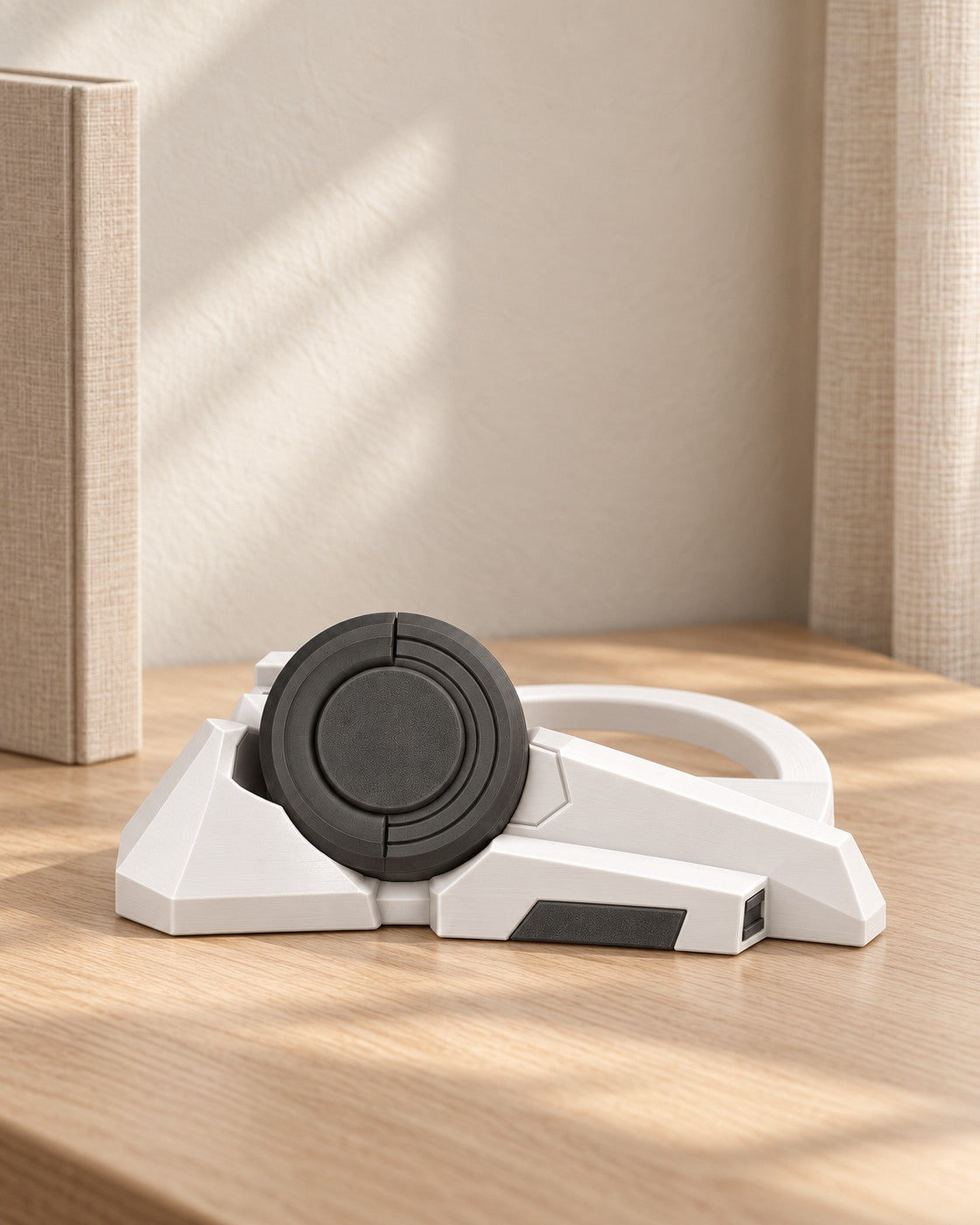 Sci-Fi Console Stand in a calm, softly lit interior, shown at true scale