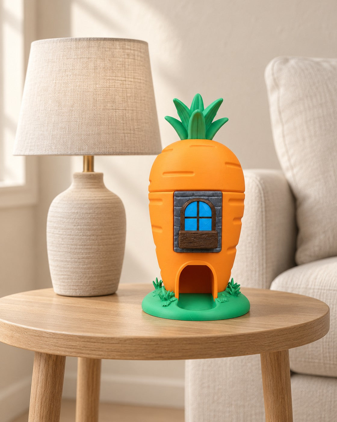 Carrot House Dispenser in a calm, softly lit interior, shown at true scale