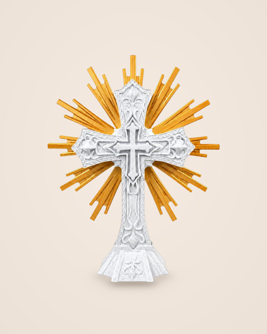 Sacred Cross Ornament: Marble-white cross with silk gold rays, for shelf or wall