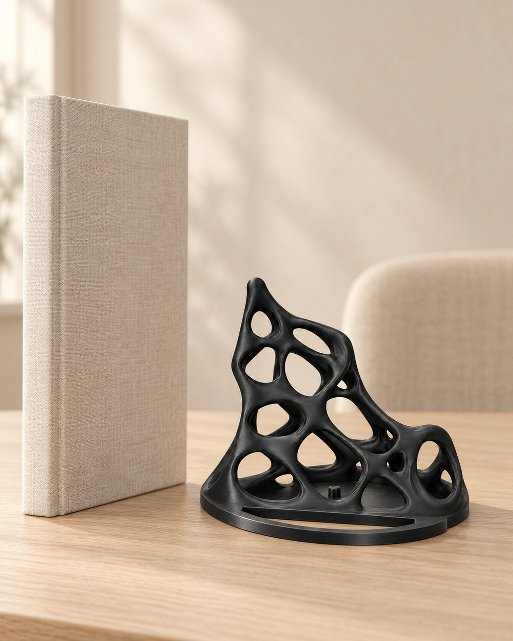 Black Lattice Console Stand in a calm, softly lit interior, shown at true scale