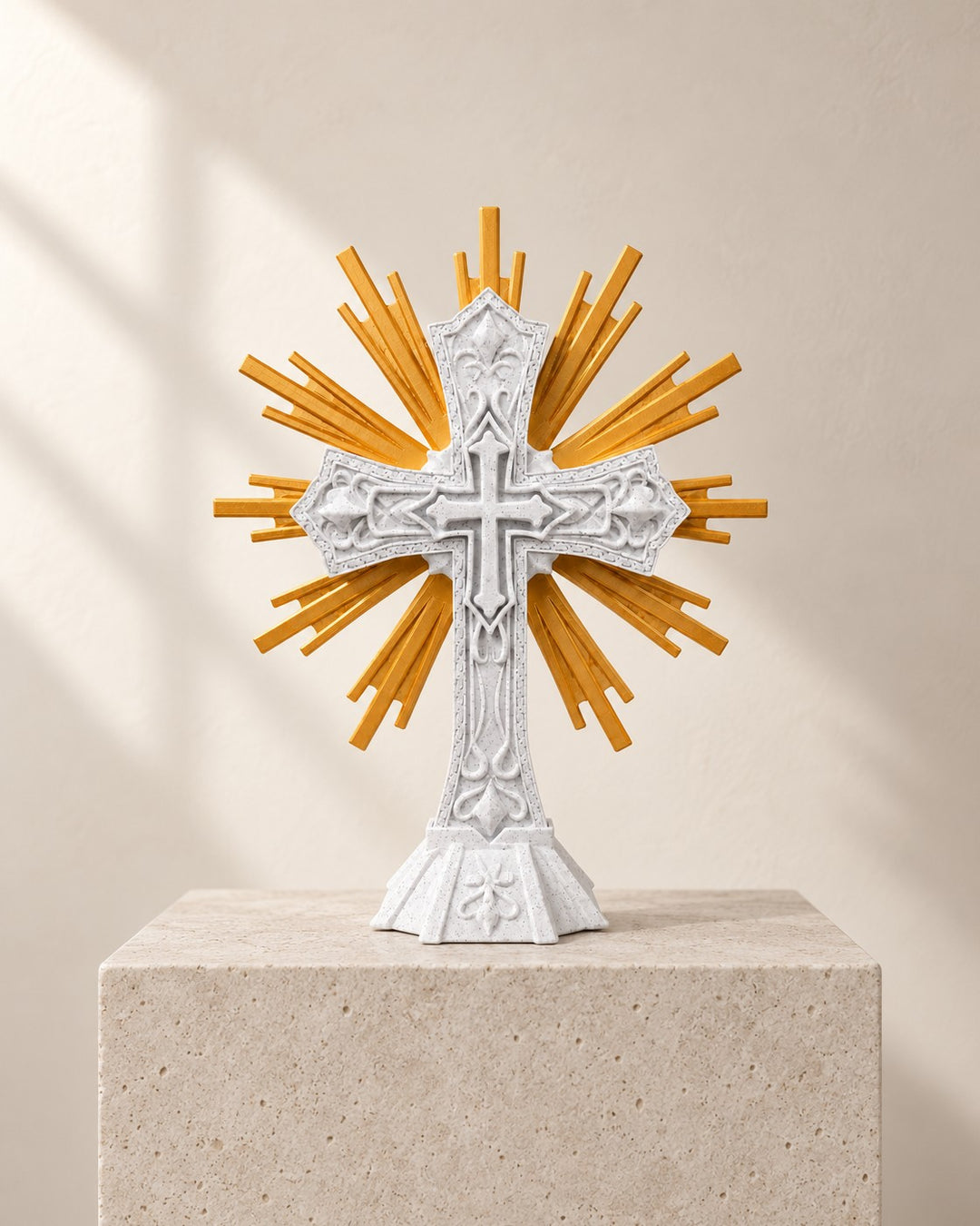 Sacred Cross Ornament: Marble-white cross with silk gold rays, for shelf or wall