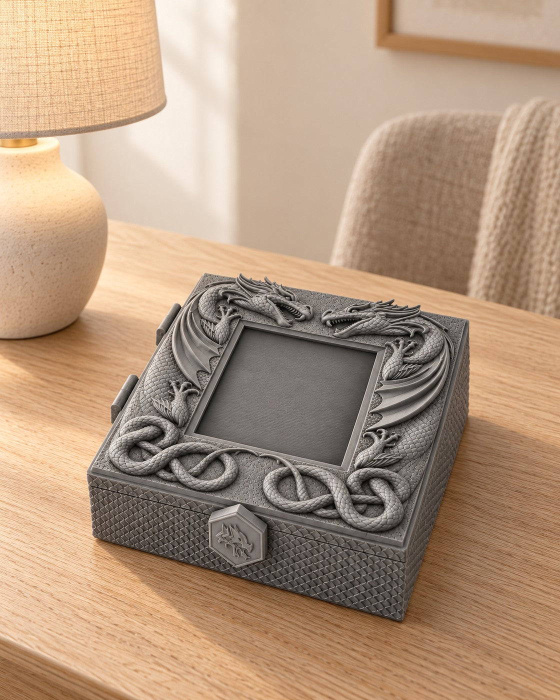 Guardian Dragon Deck Box in a calm, softly lit interior, shown at true scale