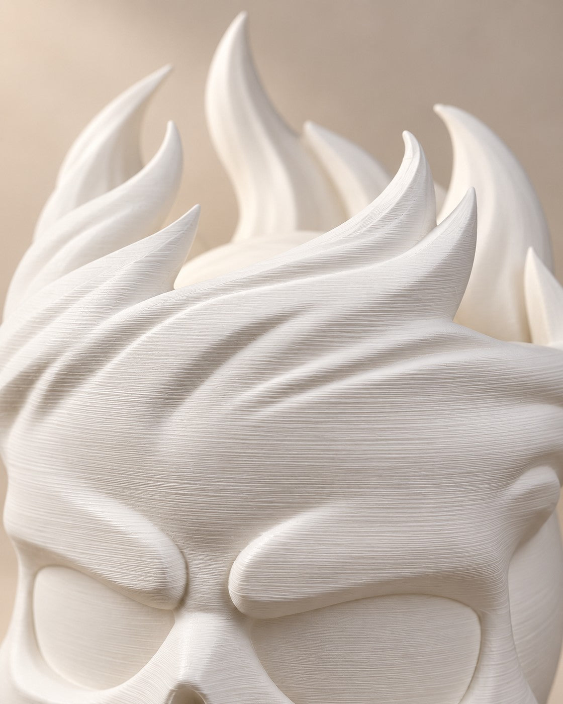 Close-up of the Ember Skull Lamp showing fine printed layer lines