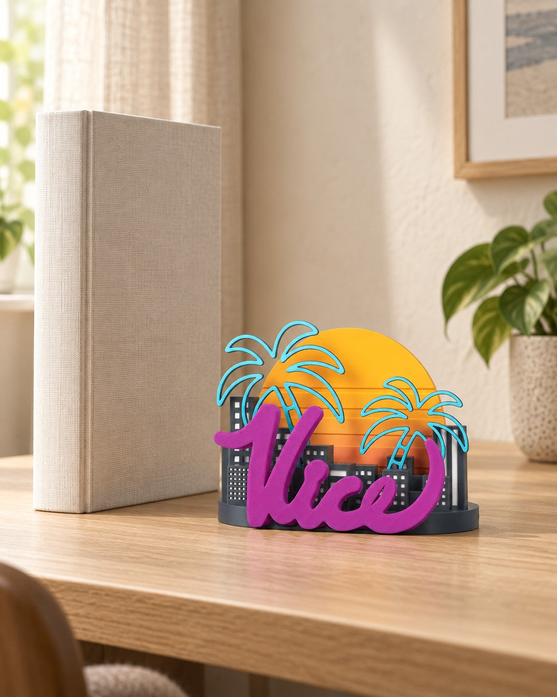 Retro Cityscape Console Stand in a calm, softly lit interior, shown at true scale