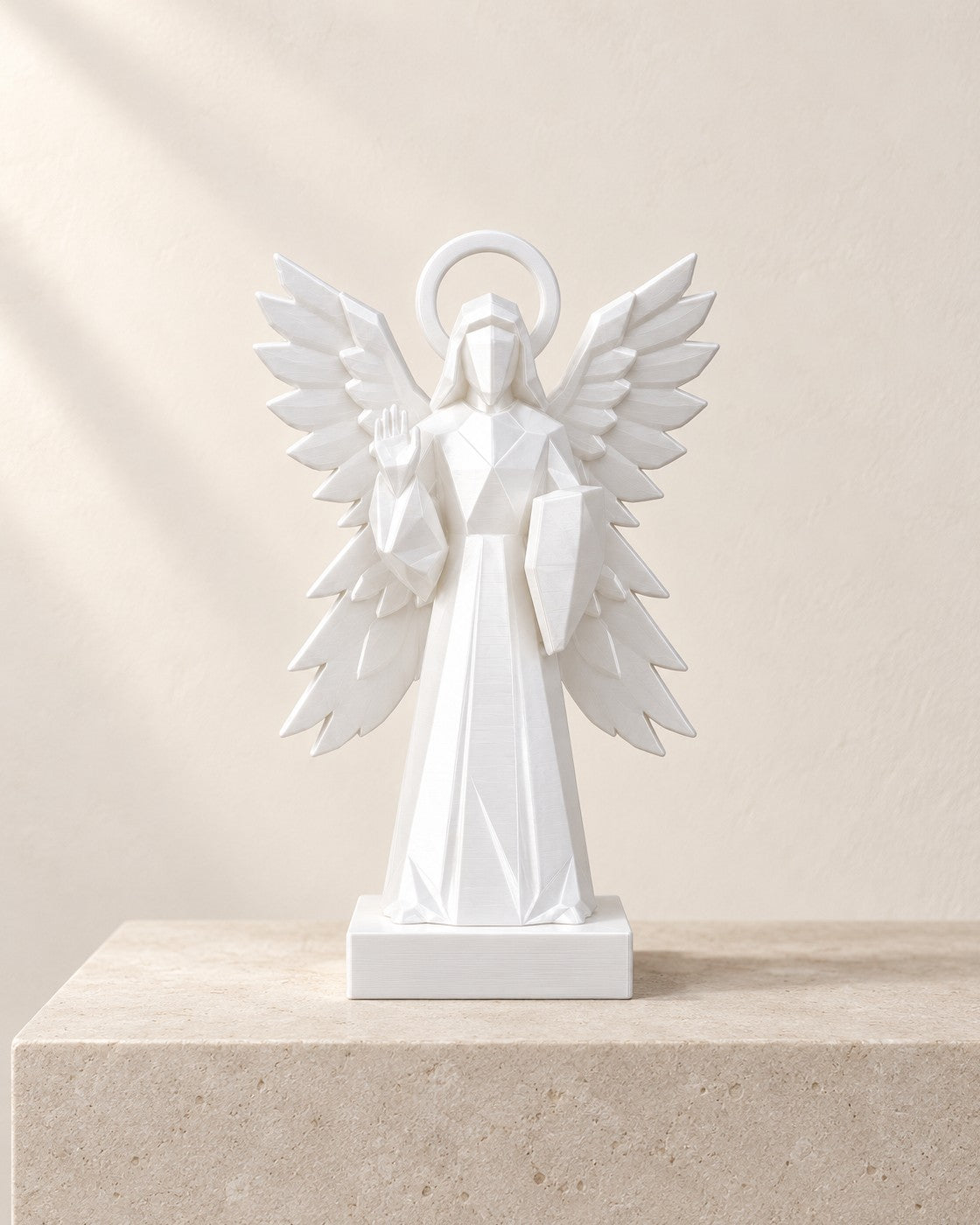 Four-Winged Guardian Angel on a pale limestone plinth, soft studio light