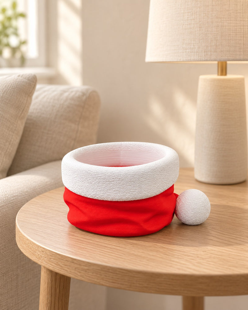 Santa's Snack Hat Bowl in a calm, softly lit interior, shown at true scale