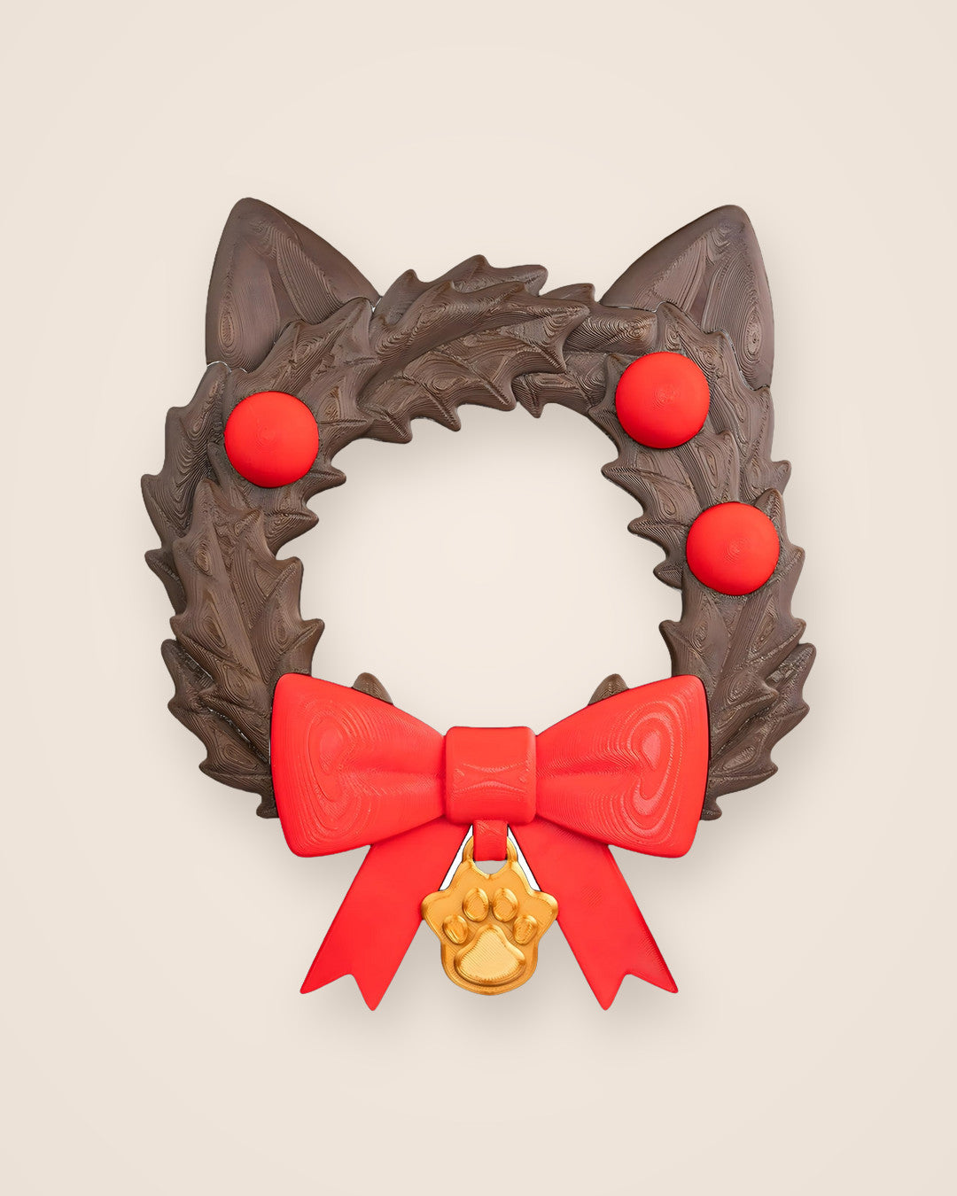 Cat Ears Christmas Wreath: Brown holly wreath with cat ears, a red bow and a gold paw charm