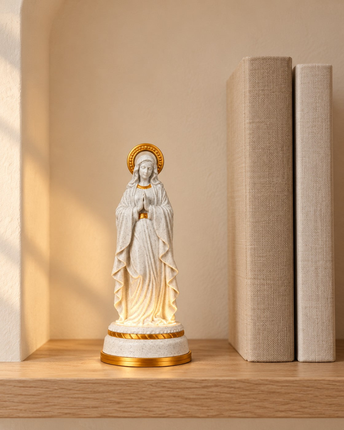 Our Lady Illuminated Statue in a calm, softly lit interior, shown at true scale