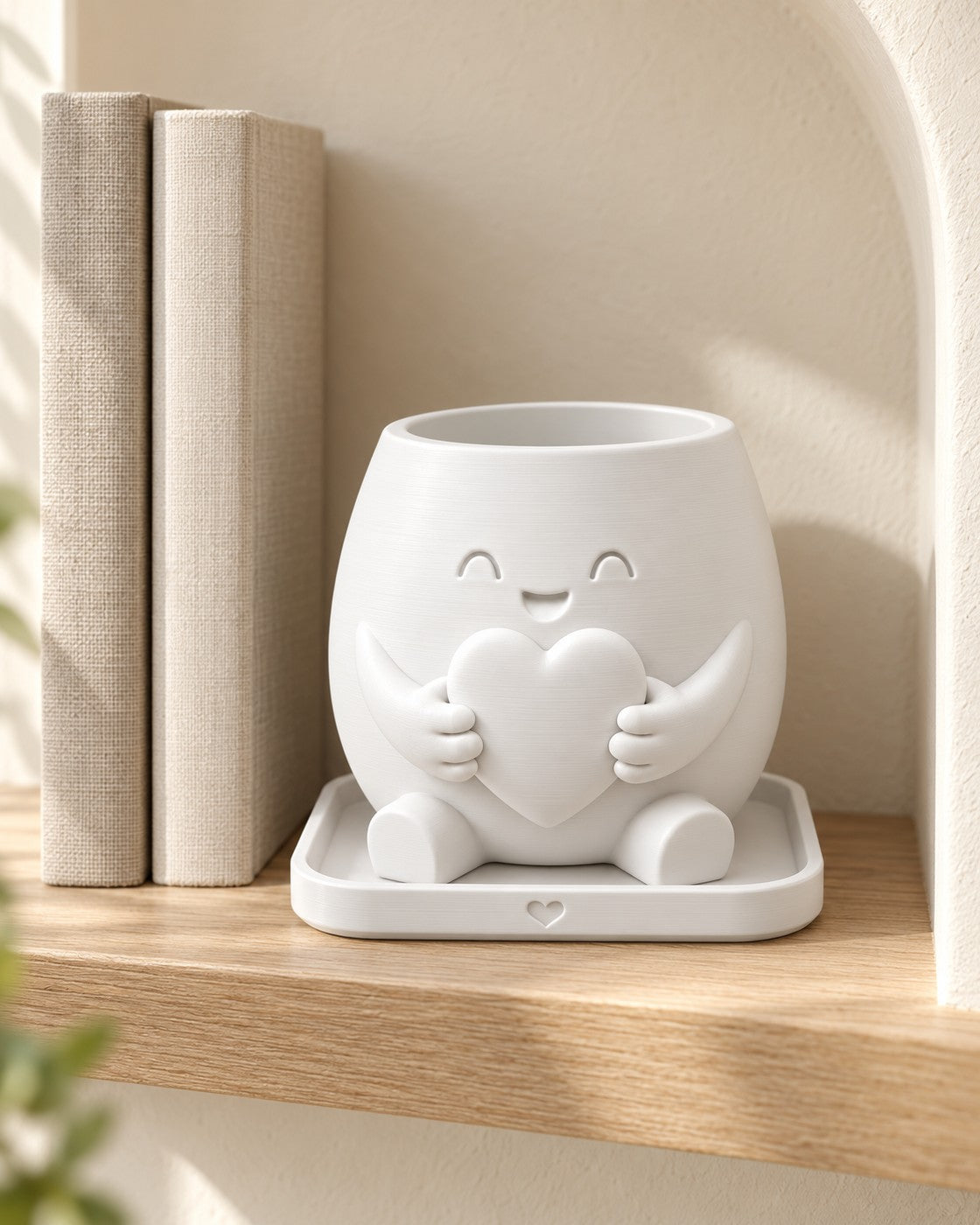 Heart Hug Planter in a calm, softly lit interior, shown at true scale