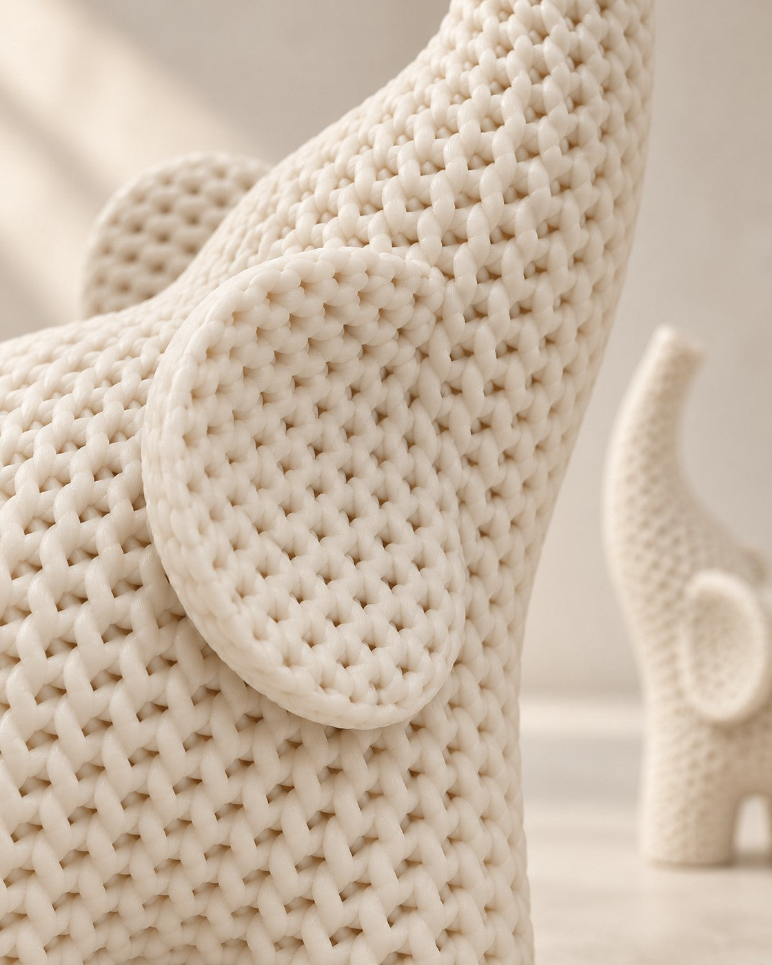 Close-up of the Knitted Elephant Pair showing fine printed layer lines