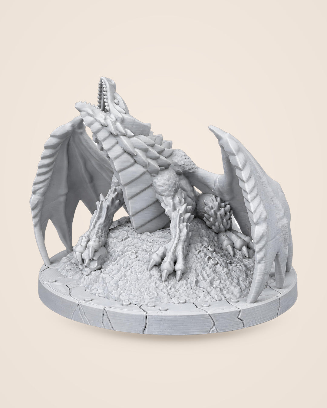 Dragon on Its Hoard: Winged dragon on a scale-textured treasure hoard, in matte grey