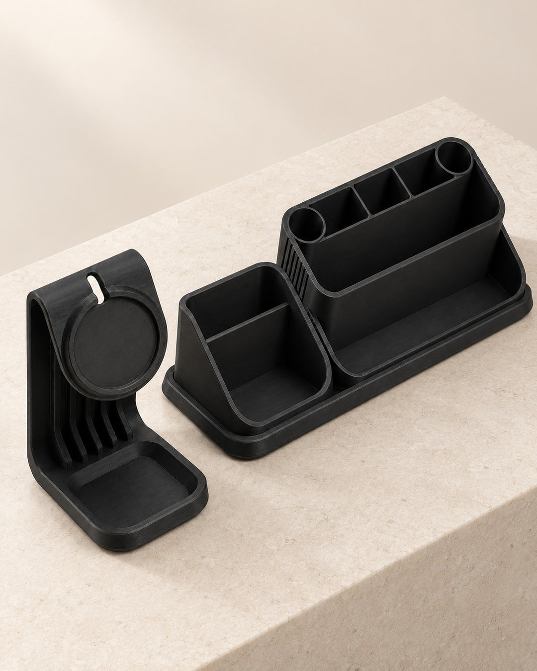Modular Desk Organiser: Four removable pieces with a charger stand, in three colours