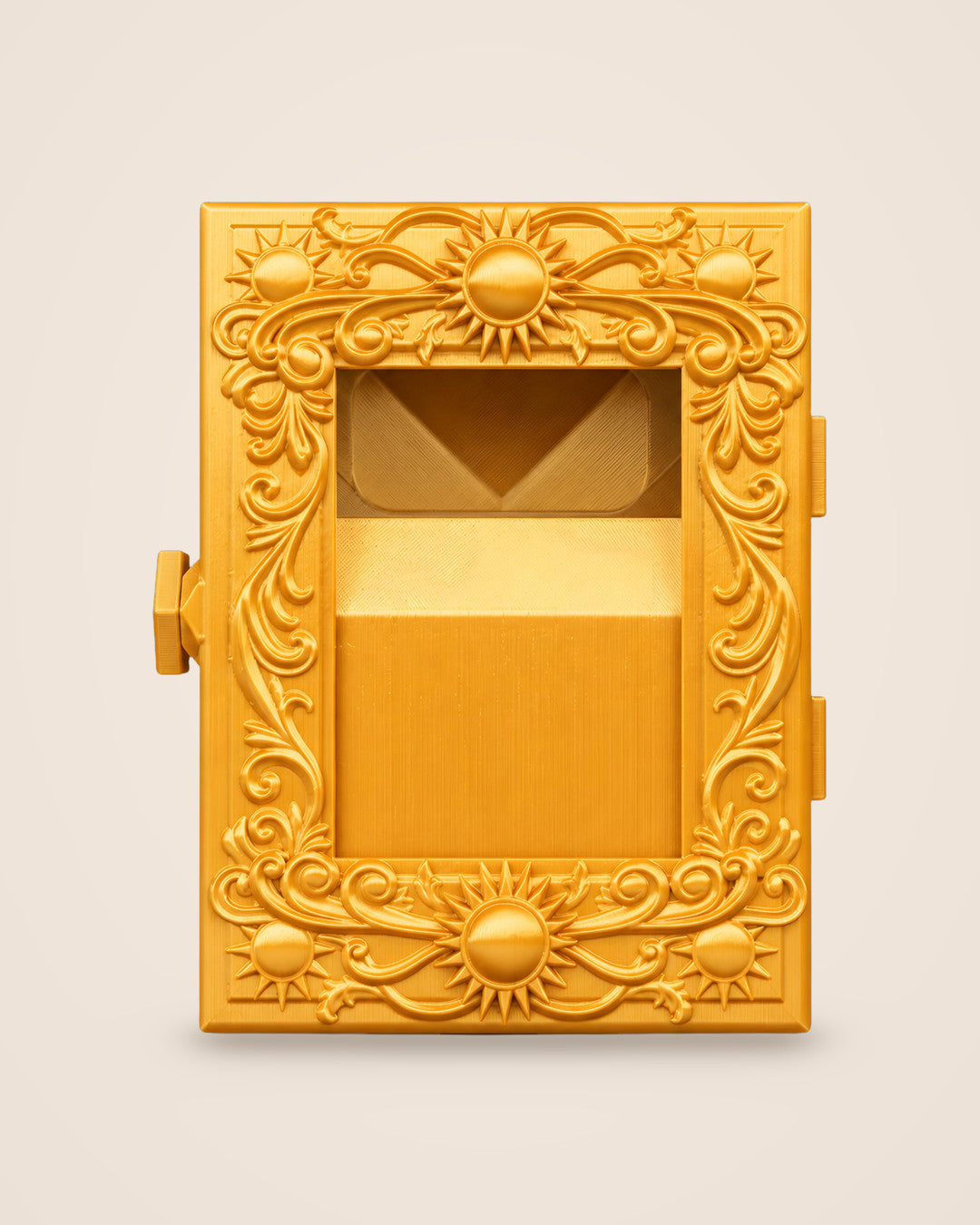 Solar Court Deck Box: A gold sunburst box with a magnetic latch and a card window