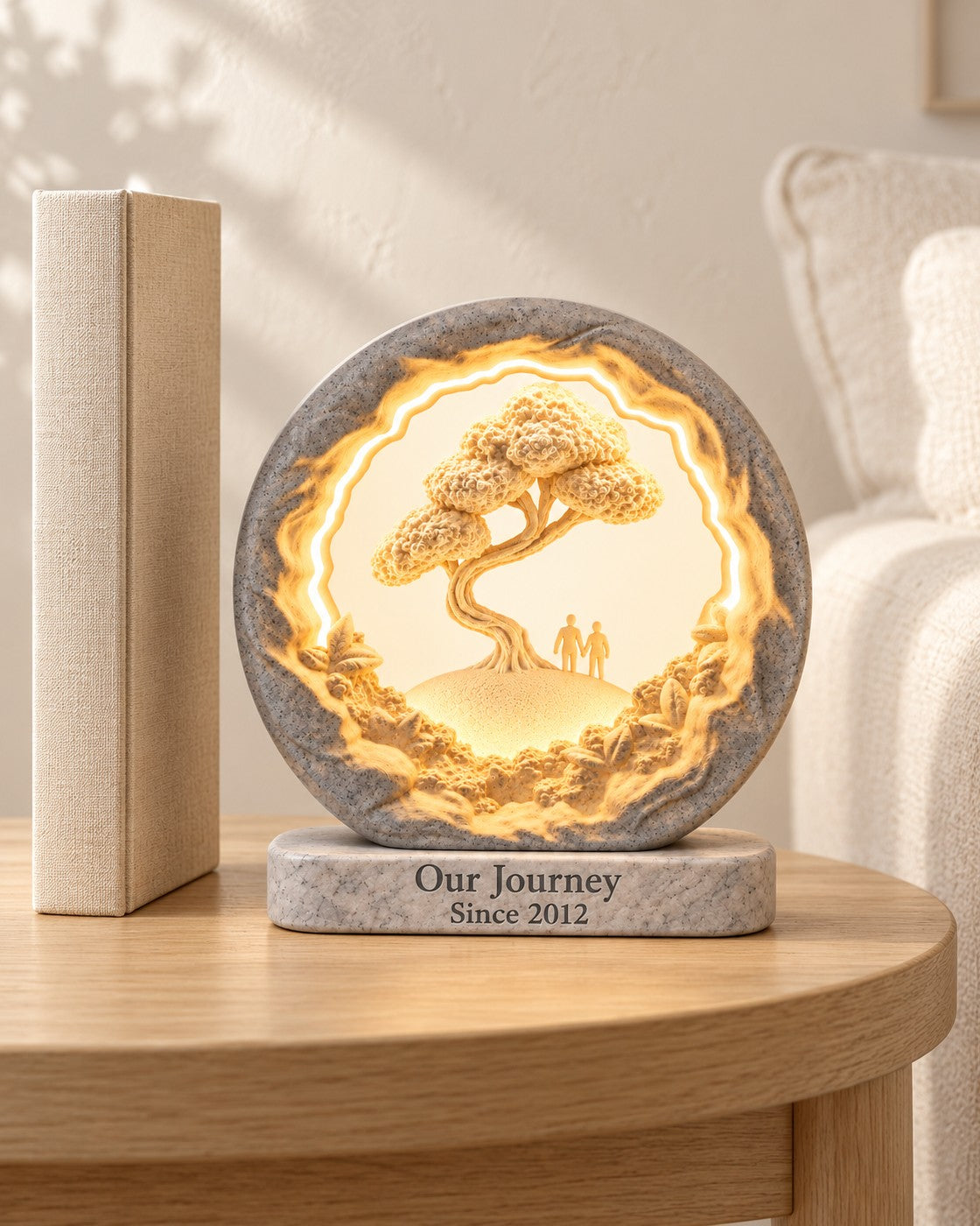 Our Journey Personalised Lamp in a calm, softly lit interior, shown at true scale