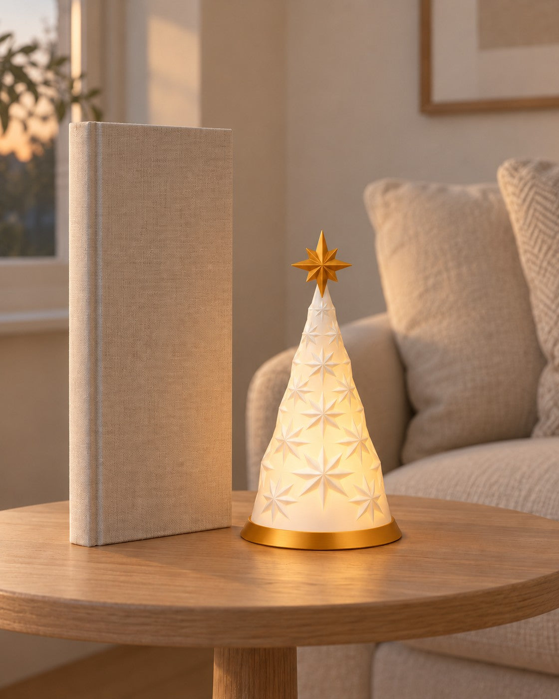 White and Gold Tree Lamp in a calm, softly lit interior, shown at true scale