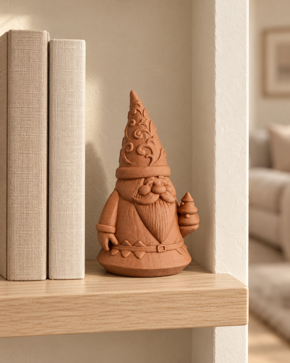 Carved Santa Gnome in a calm, softly lit interior, shown at true scale