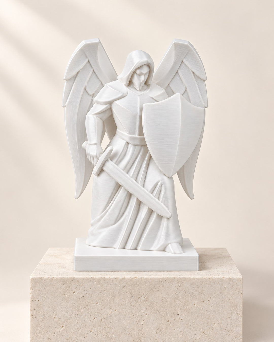 Archangel Michael Statue: Kneeling guardian figure with sword and shield, in matte white