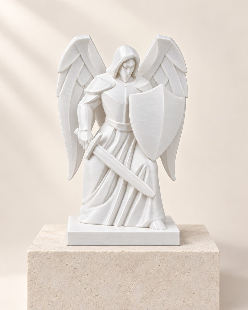 Archangel Michael Statue on a pale limestone plinth, soft studio light