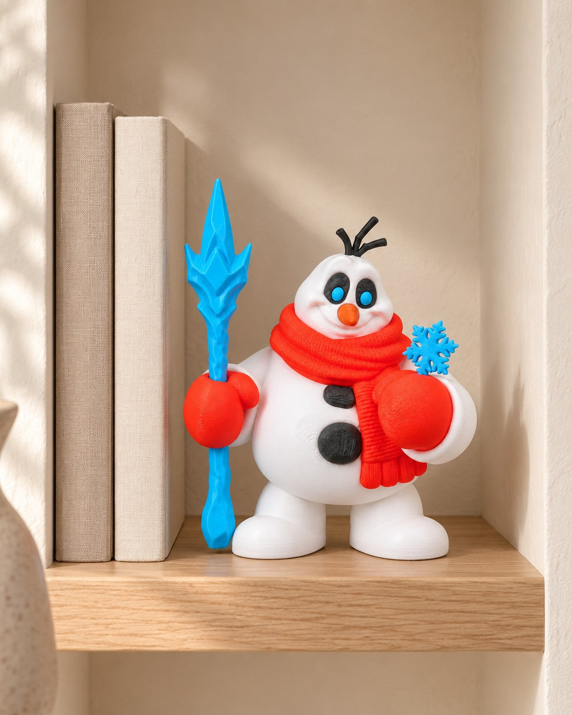 Snow Sentinel Snowman in a calm, softly lit interior, shown at true scale