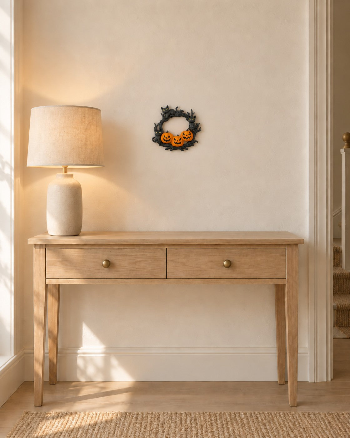 Cat Halloween Wreath in a calm, softly lit interior, shown at true scale