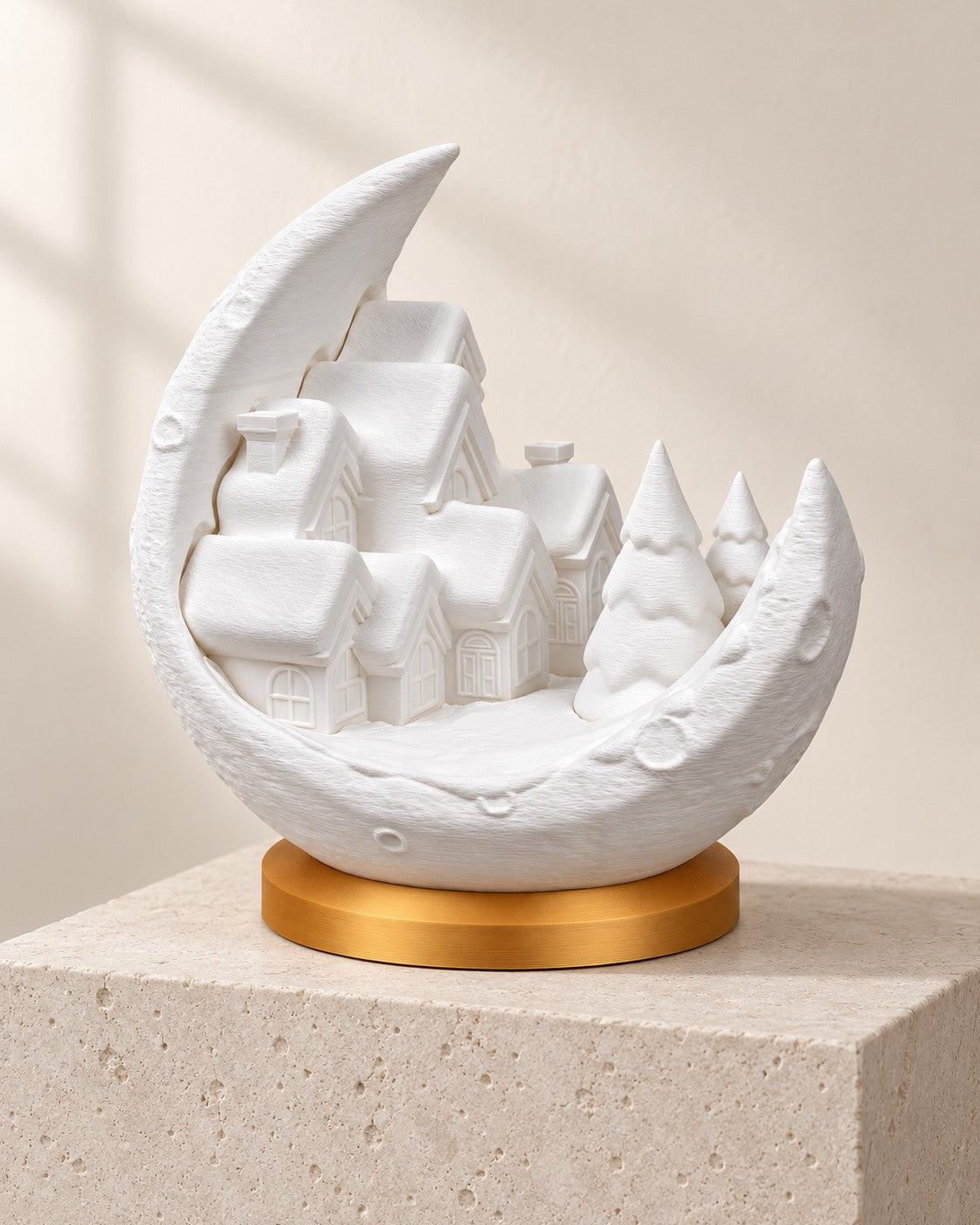 Moon Village Lamp on a pale limestone plinth, soft studio light