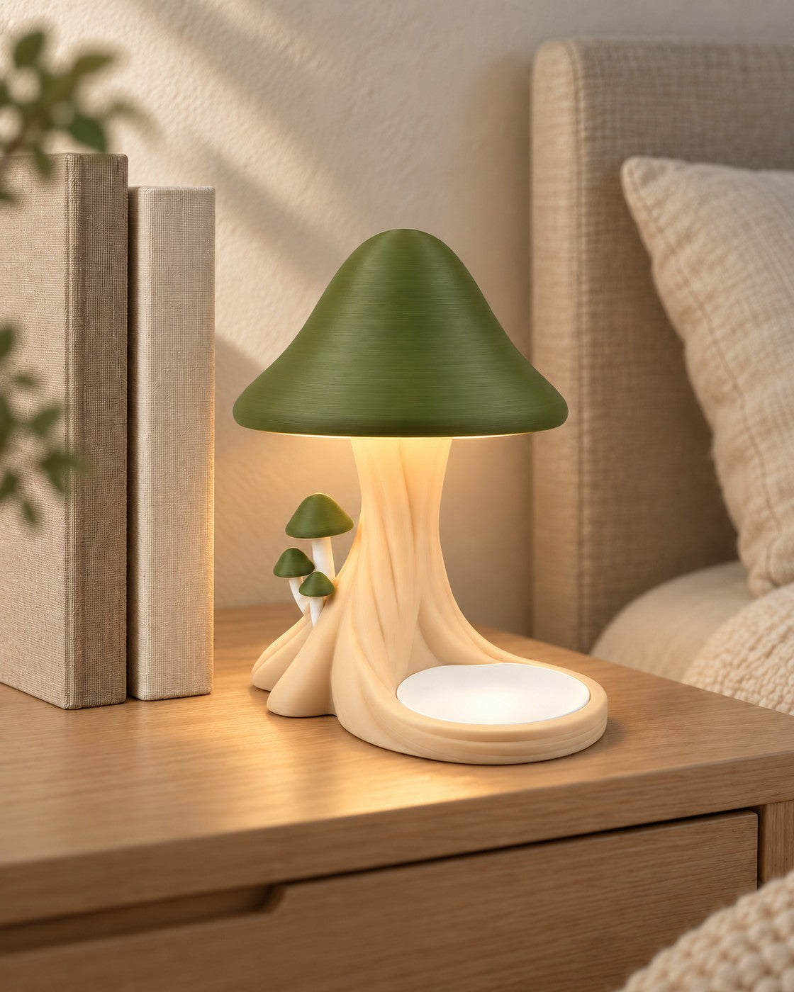 Toadstool Lamp with Tray in a calm, softly lit interior, shown at true scale