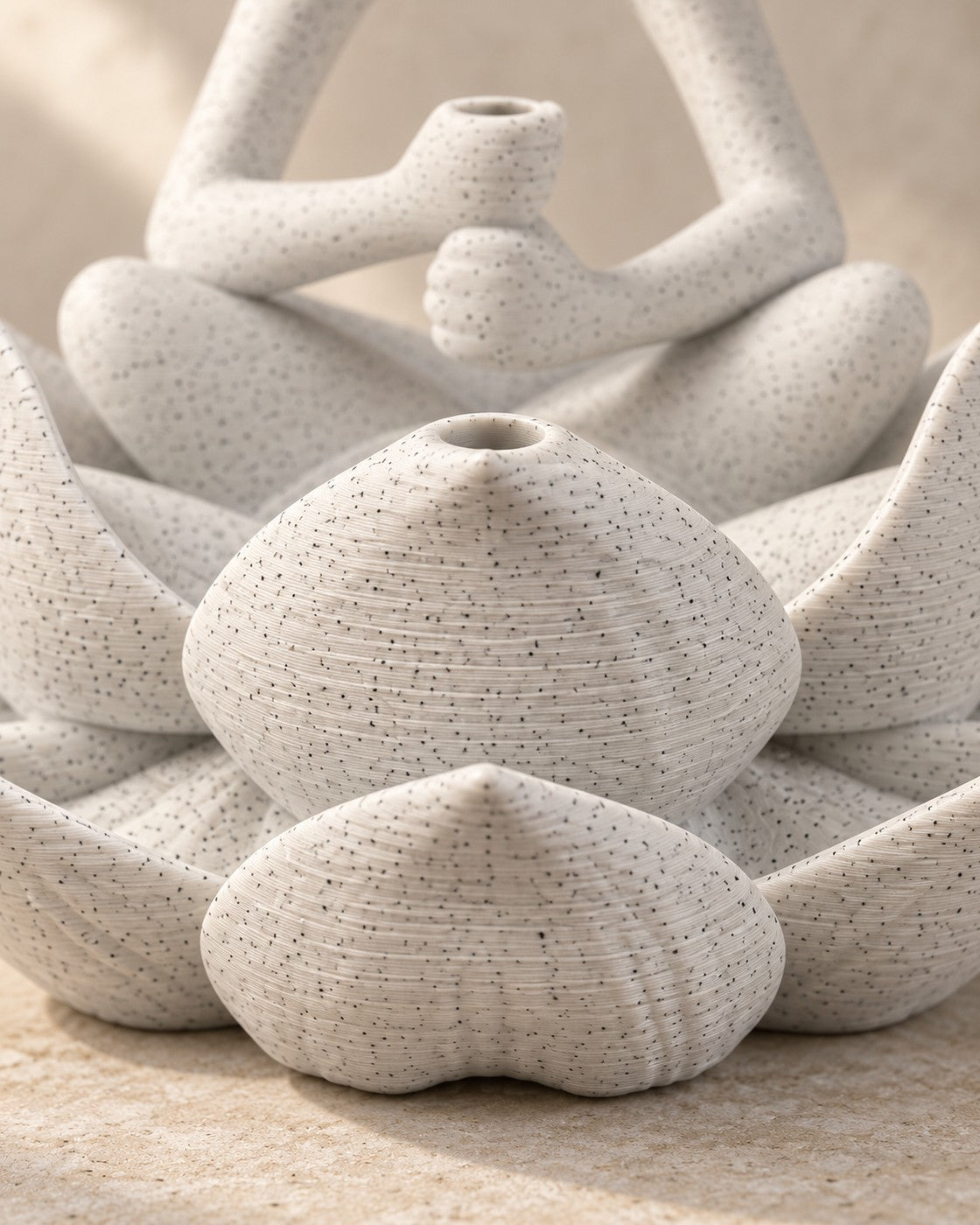 Close-up of the Lotus Keeper showing fine printed layer lines