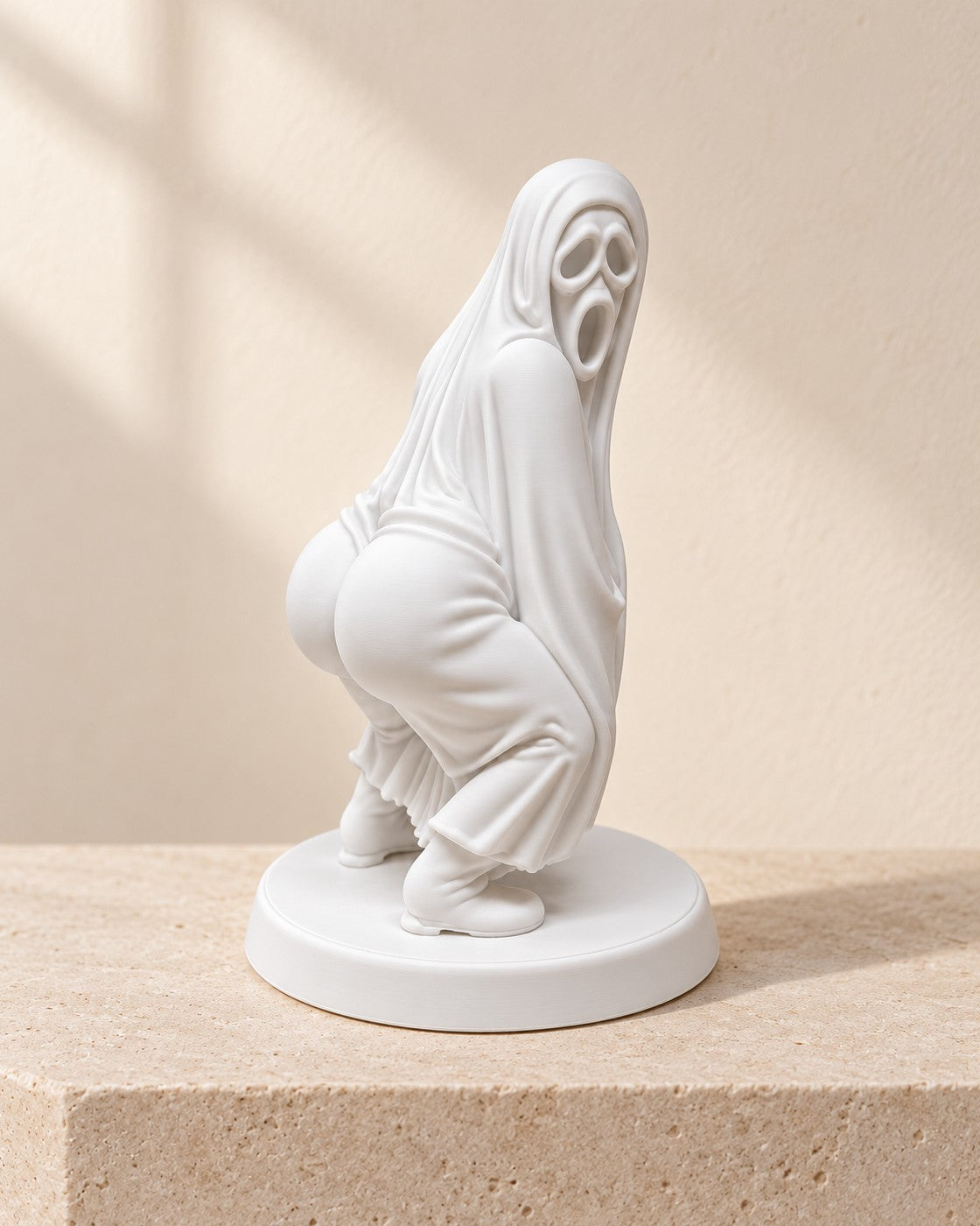 Twerking Ghost on a pale limestone plinth, soft studio light