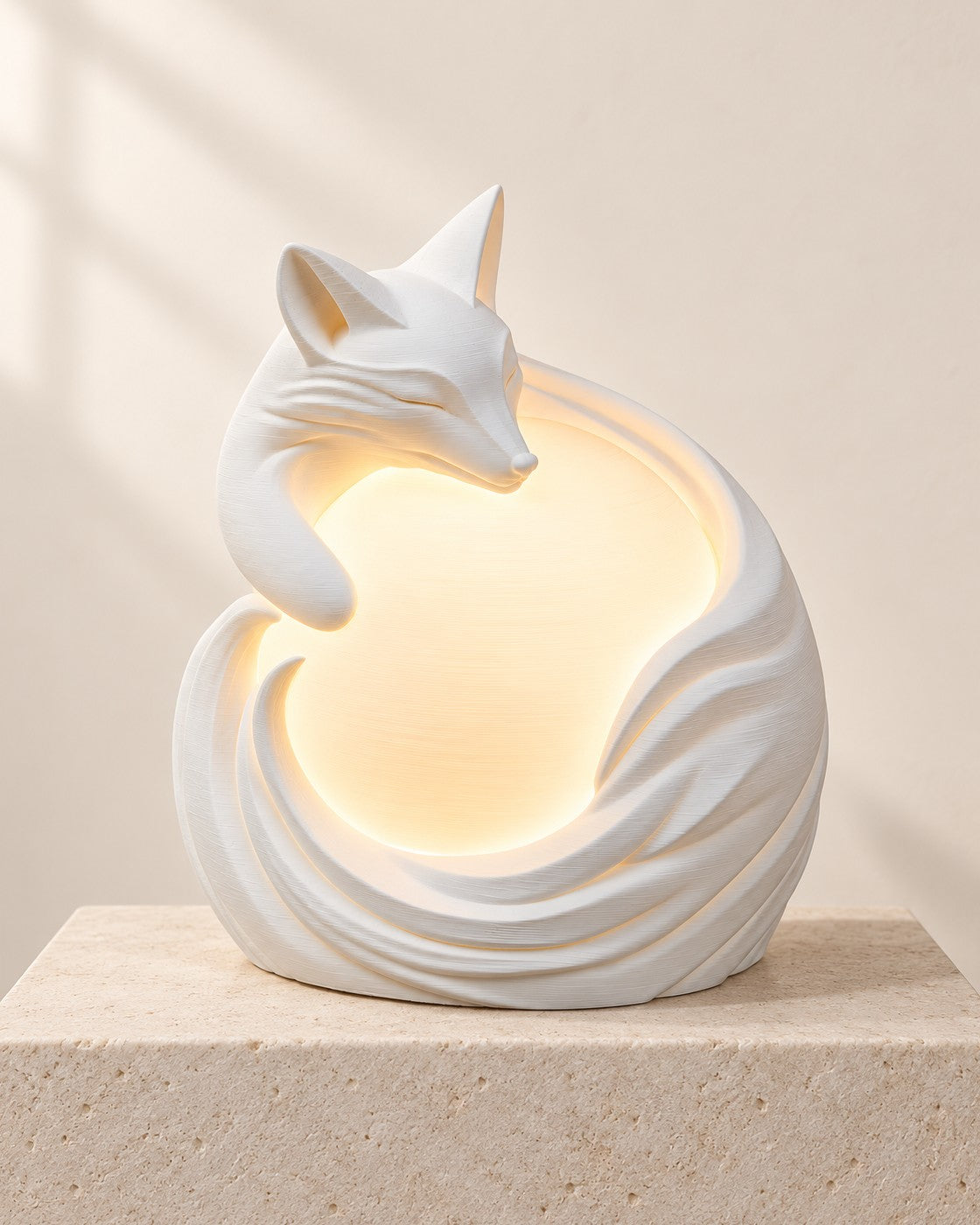 Vulpine Fox Lamp on a pale limestone plinth, soft studio light