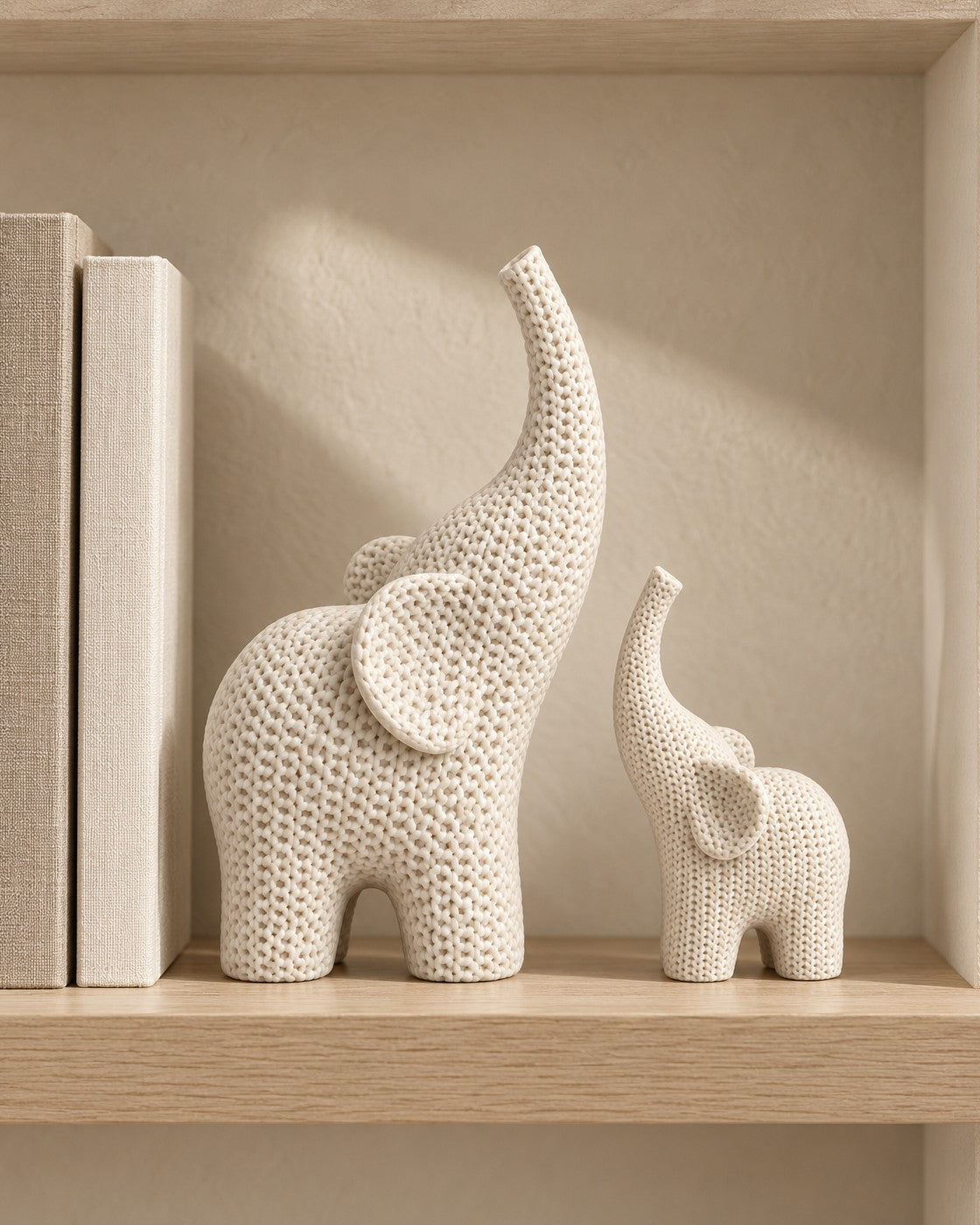 Knitted Elephant Pair in a calm, softly lit interior, shown at true scale