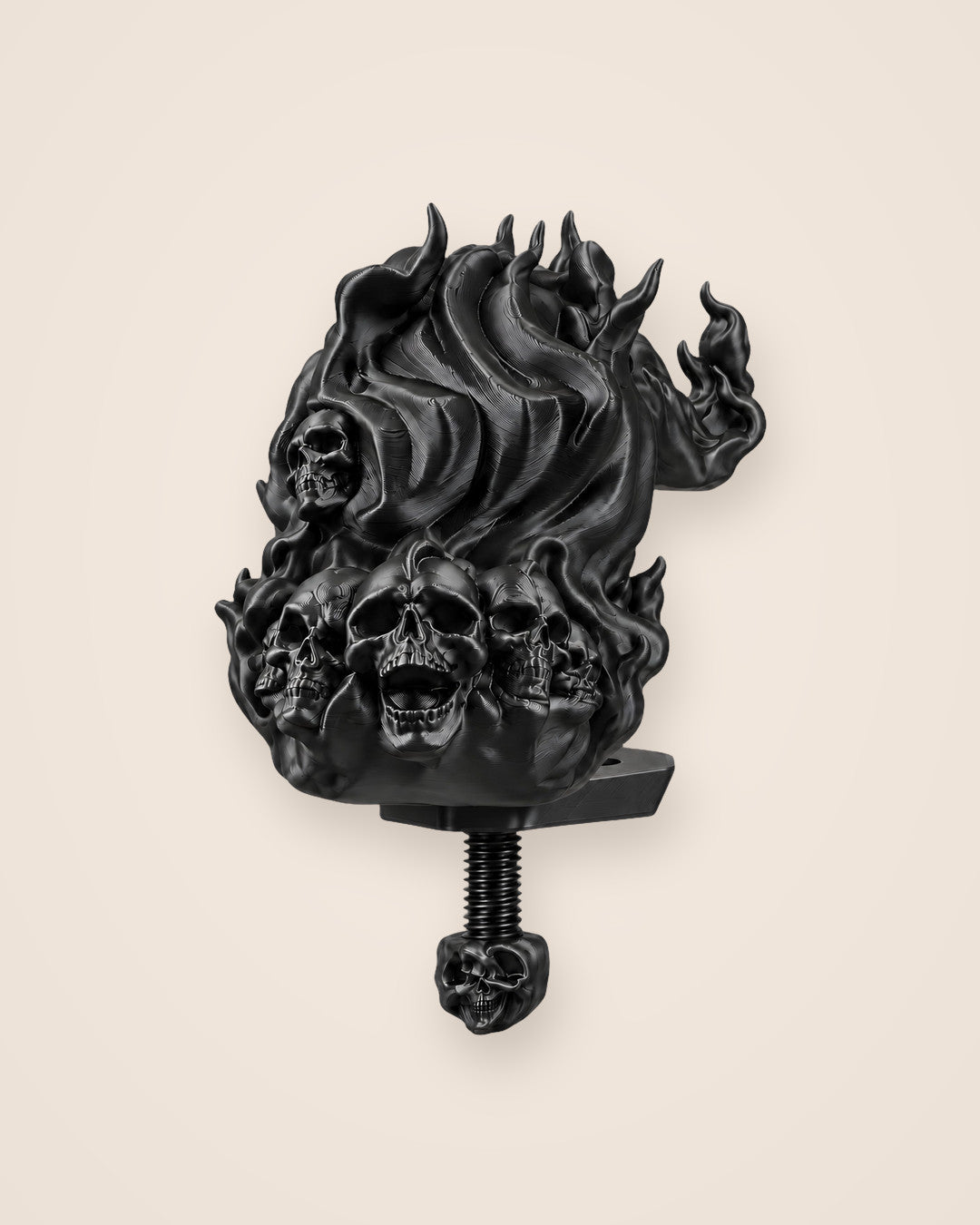 Skull and Flame Headphone Clamp: Gothic desk-edge clamp that holds one headset by the headband