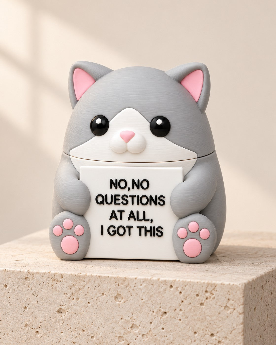Fine Cat Desk Ornament on a pale limestone plinth, soft studio light