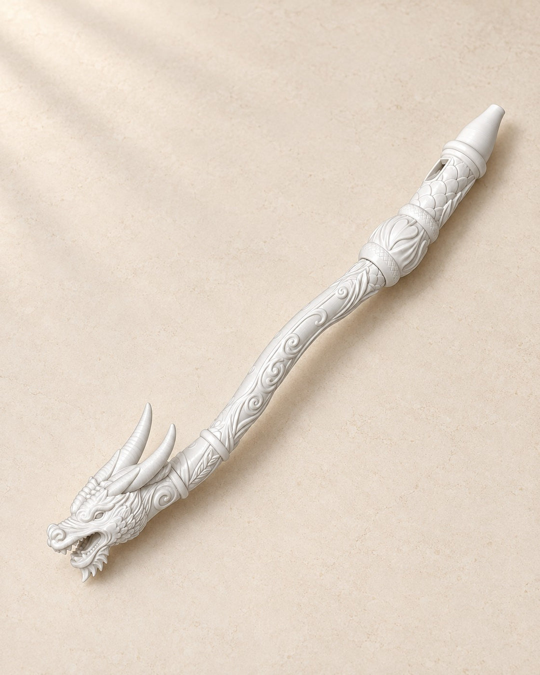 Dragon Flute Ornament: A recorder-style display flute with a sculpted dragon-head bell, 39 cm
