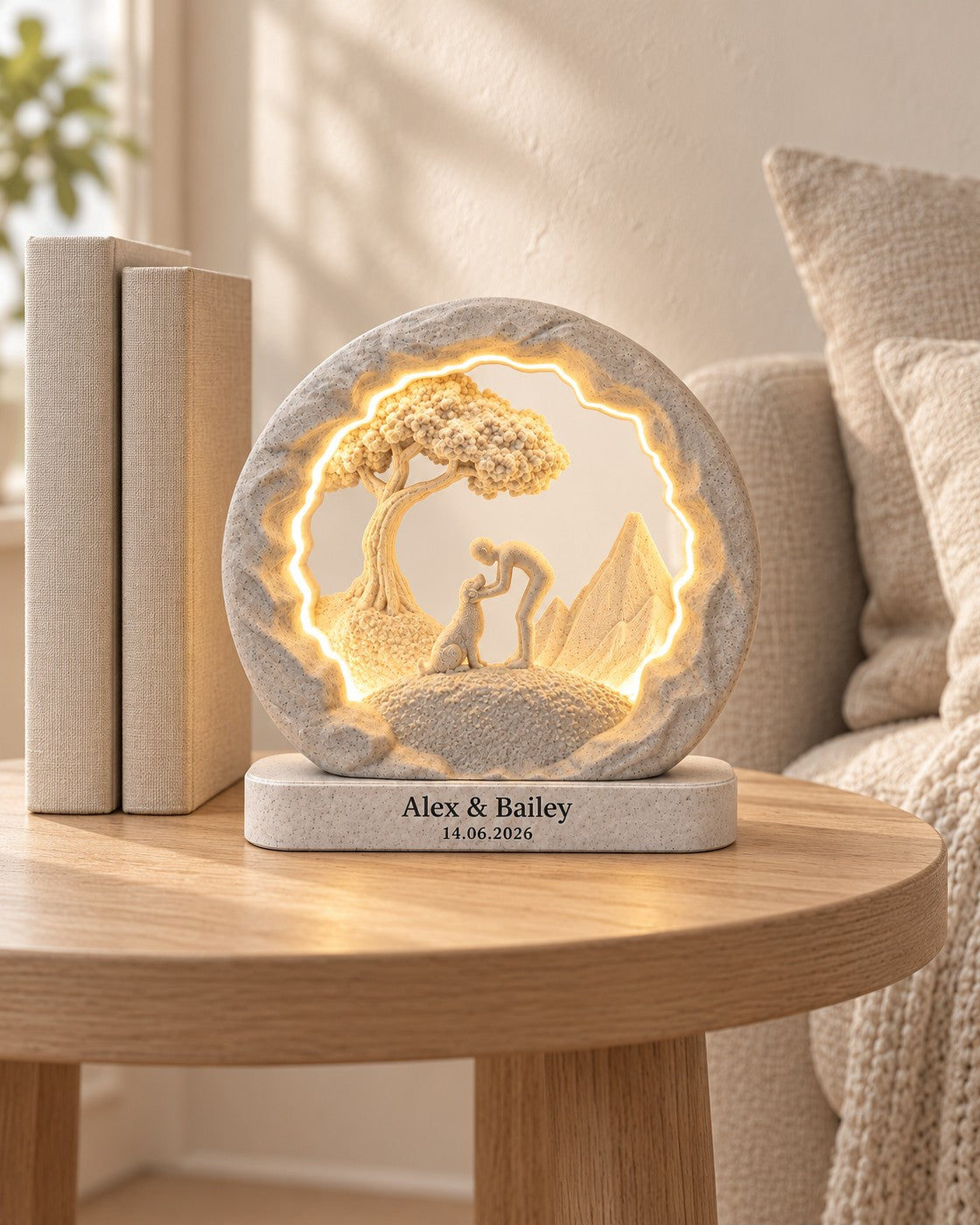 Good Boy Lamp, Personalised in a calm, softly lit interior, shown at true scale