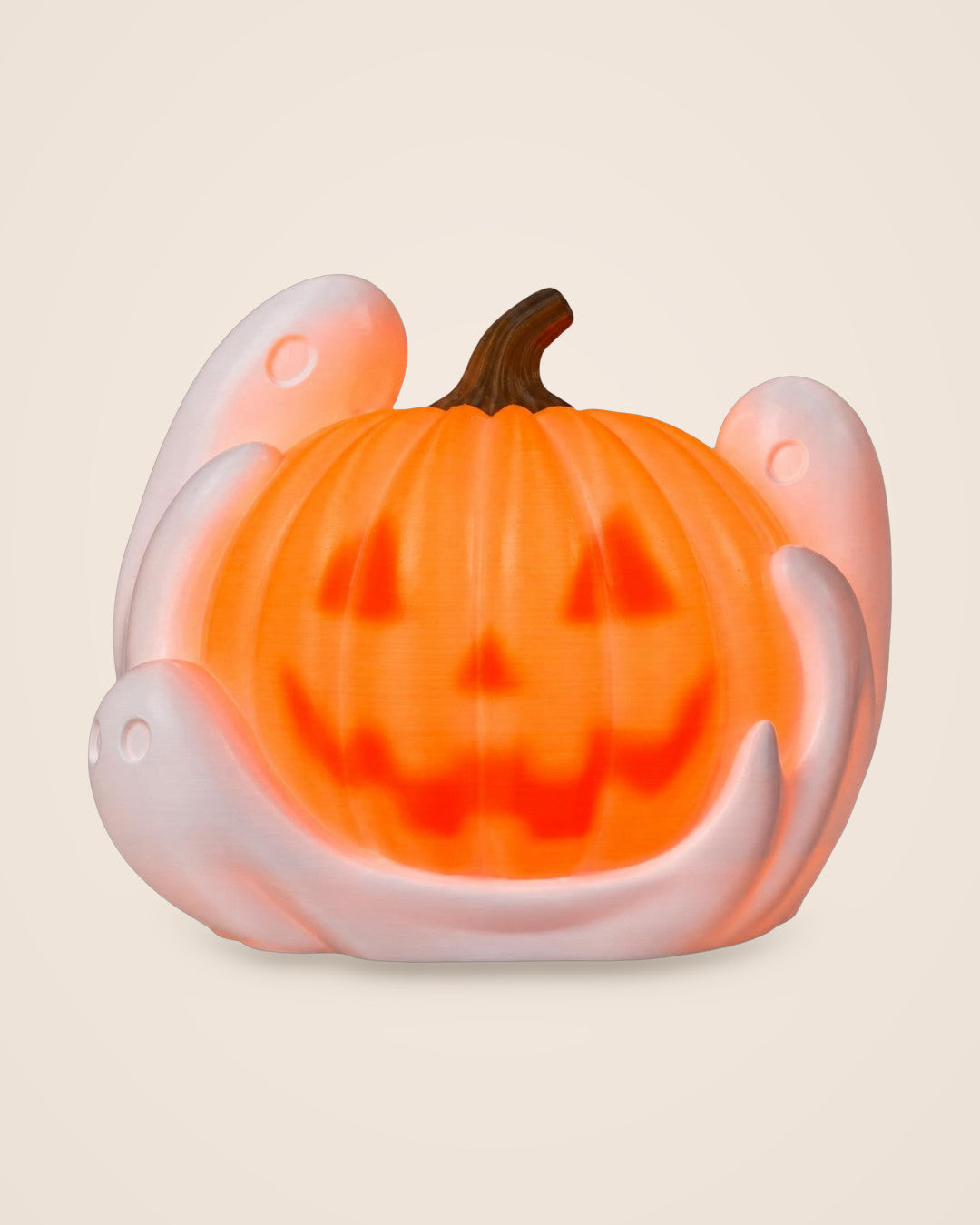Ghost Pumpkin Lamp: A pumpkin lamp wrapped by three white ghosts