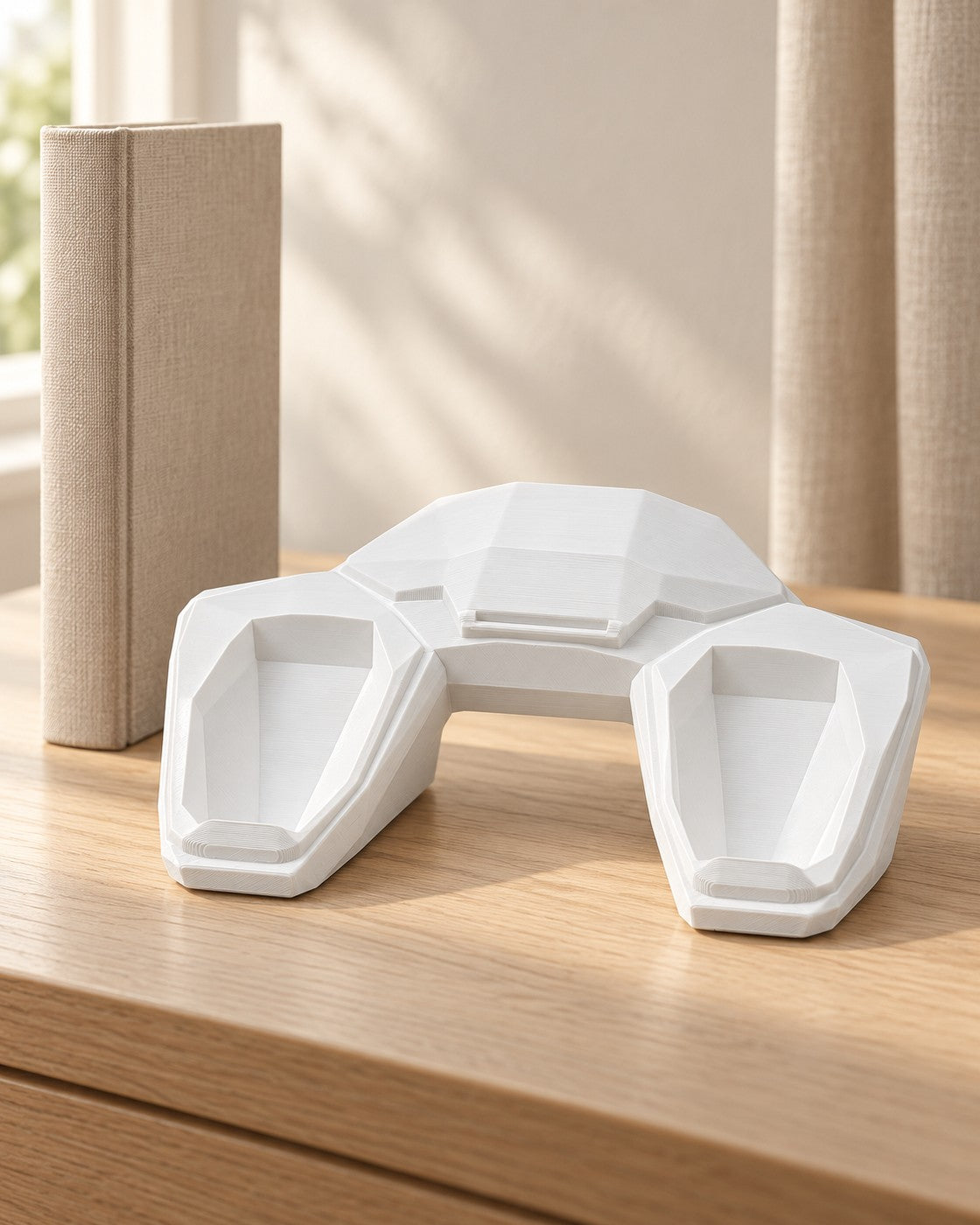 Faceted Controller Stand in a calm, softly lit interior, shown at true scale