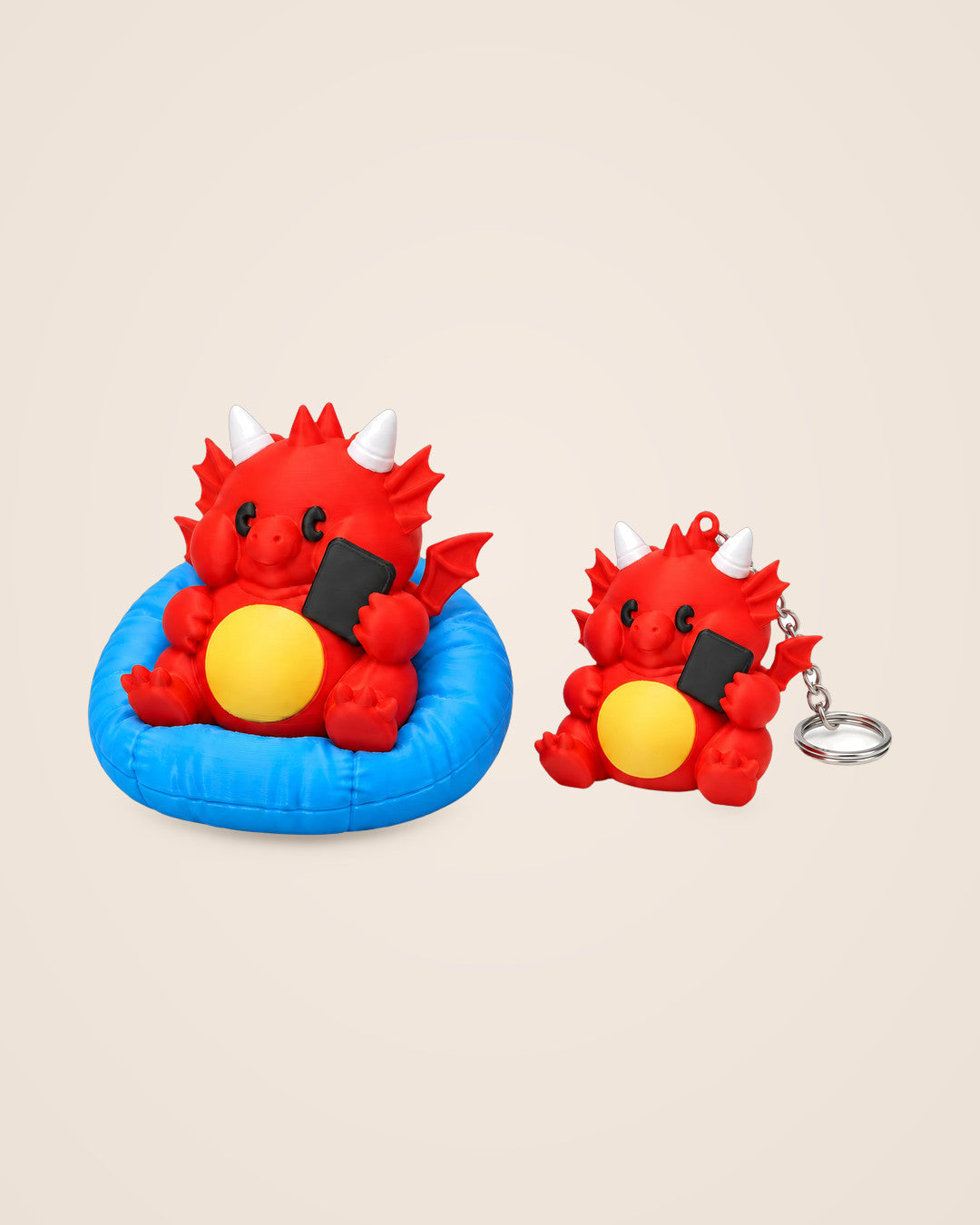 Chubby Dragon on Beanbag: Lift-out red dragon figurine with a matching keyring dragon