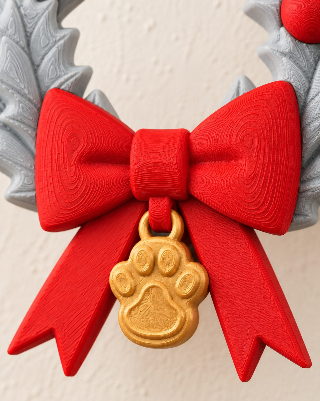 Close-up of the Dog Christmas Wreath showing fine printed layer lines