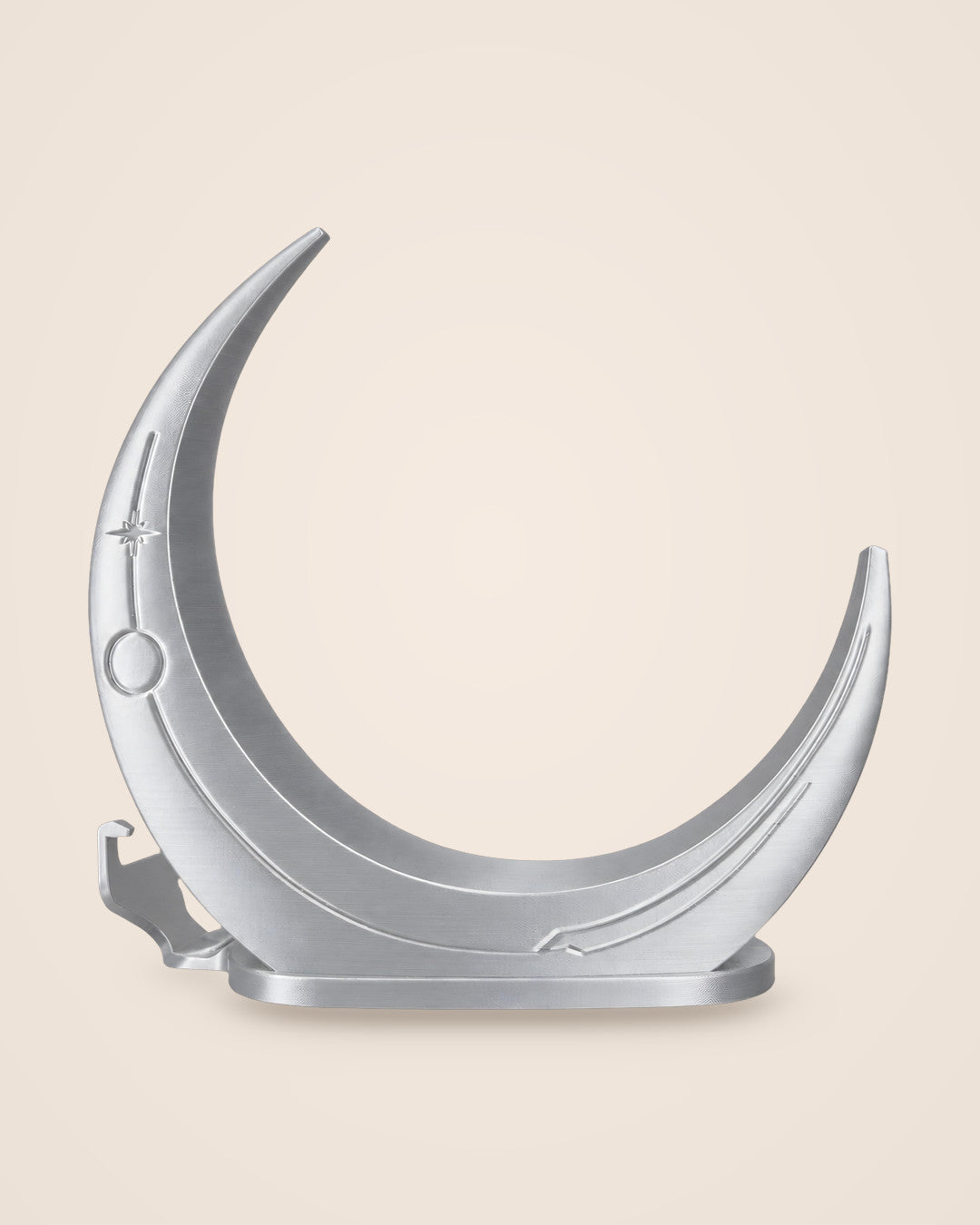Crescent Moon Console Stand: One-piece matte silver crescent that cradles a slim console upright