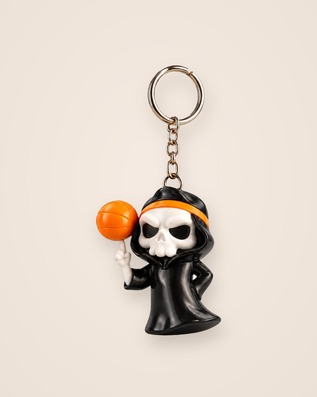Slam Reaper Keyring: Hooded skeleton with an orange basketball, on a split ring and chain