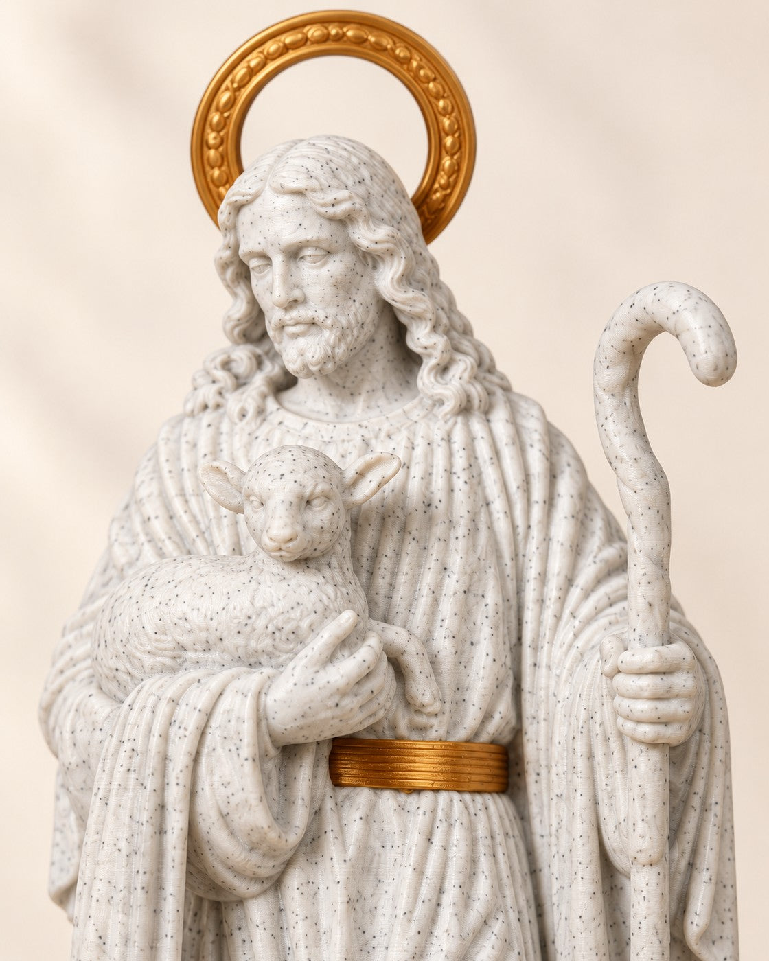 Close-up of the Good Shepherd Statue showing fine printed layer lines